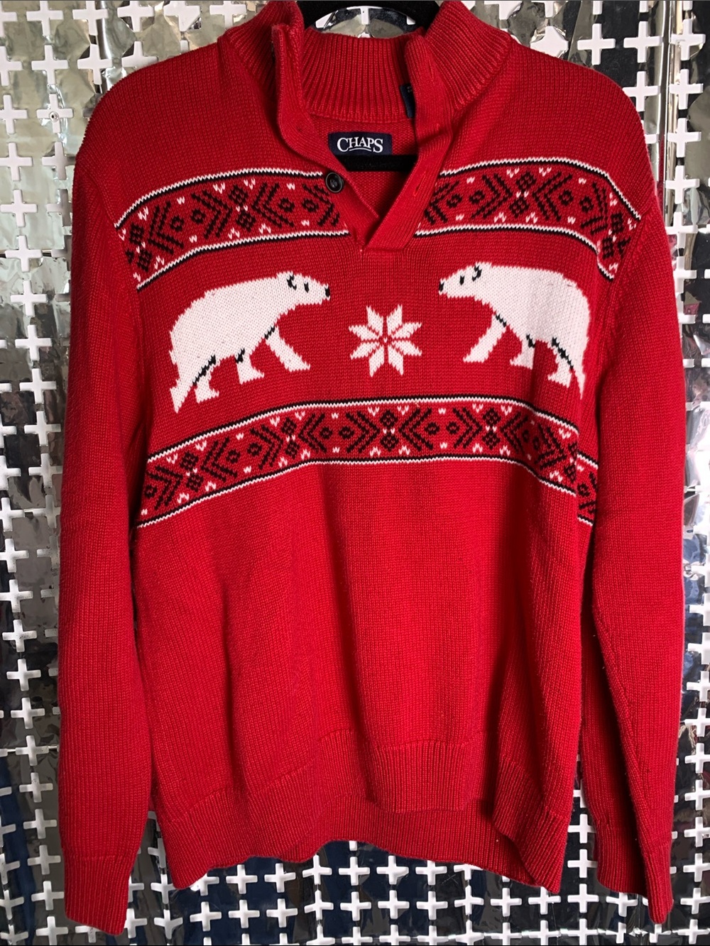 Chaps Red V-Neck Sweater with White Polar Bear Motif